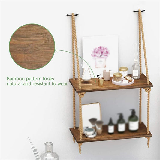 Étagère DOUBLE murale suspendue en bois rustique avec corde