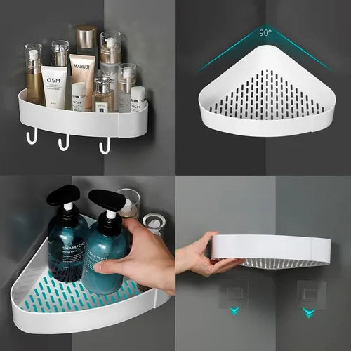 La Wizzi Tn Étagère de douche d'angle à autocollant durable est une étagère en plastique blanc avec trous de drainage et crochets. Installée dans un angle de 90°, elle se fixe facilement au mur et permet de garder une salle de bain ordonnée en accueillant bouteilles et produits de toilette.