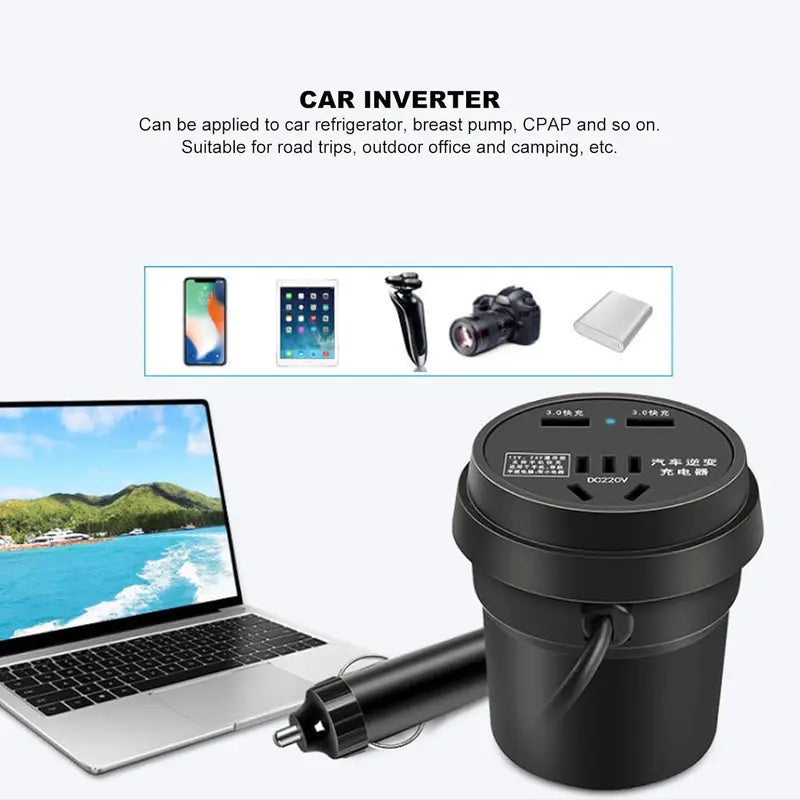 Adaptateur Allume Cigare Voiture 12V/24V avec Prise Secteur 220V et 3 Ports USB