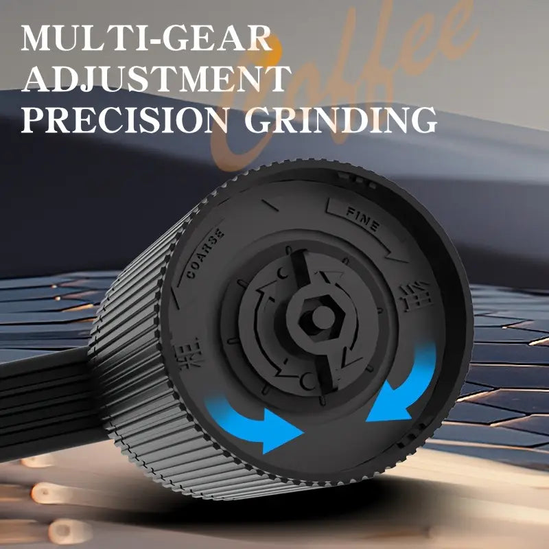 Close-up of a coffee grinder with text highlighting multi-gear adjustment and precision grinding.
