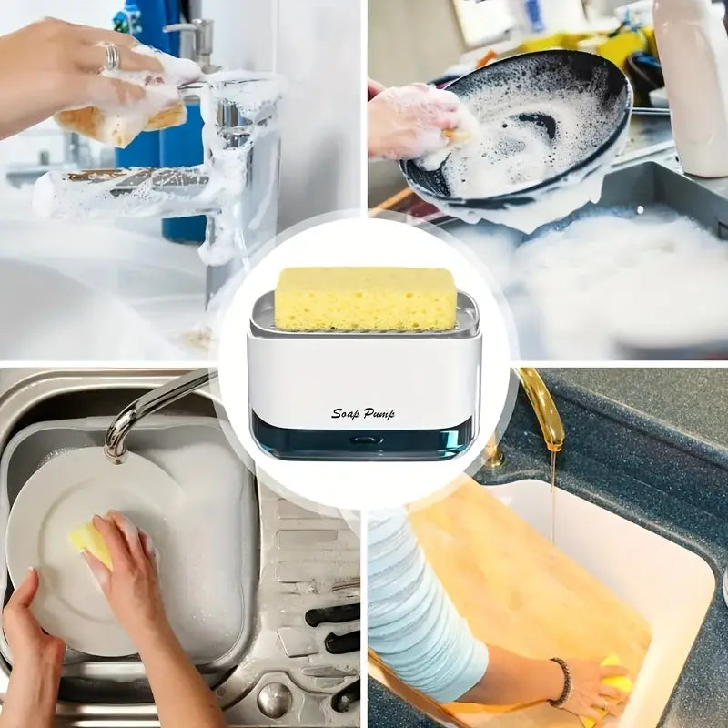 Pompe à savon liquide 2-en-1 et porte-éponge organisateur évier