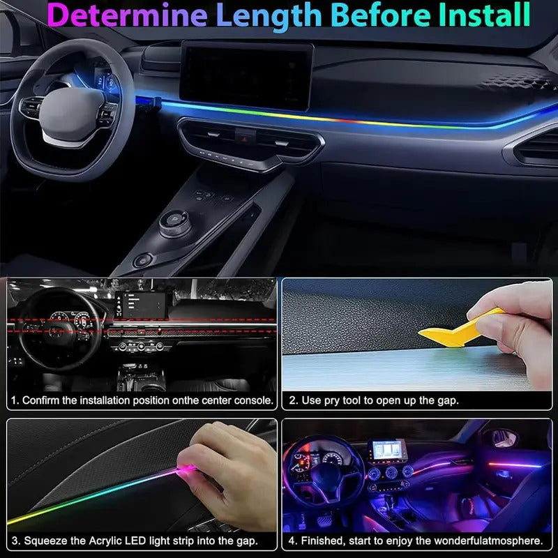 Un guide étape par étape avec des images montre comment installer la Wizzi Lumière LED Intérieure Voiture - 16M Couleurs dans votre voiture : mesurez, ouvrez l'espace avec un outil, insérez la bande, et profitez d'un éclairage vibrant ambiance voiture.