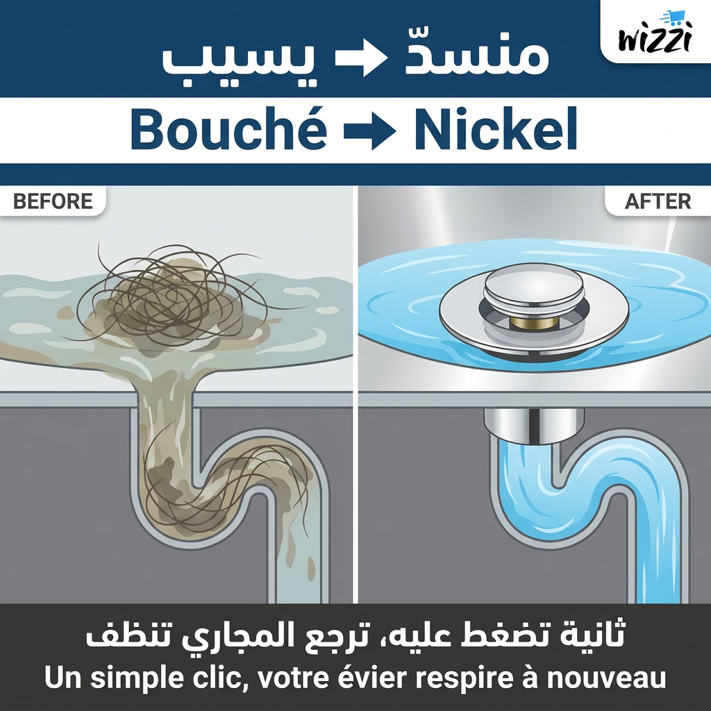 Bouchon de lavabo universel en acier inoxydable avec filtre anti-cheveux intégré pour salle de bain Tunisie.